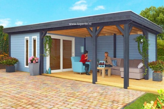 Blauw tuinhuis met overkapping ps13 600x400